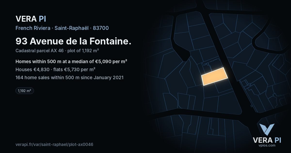 93 Avenue de la Fontaine, Saint-Raphaël at night – the plot lit, the parcels around coloured by the prices near them