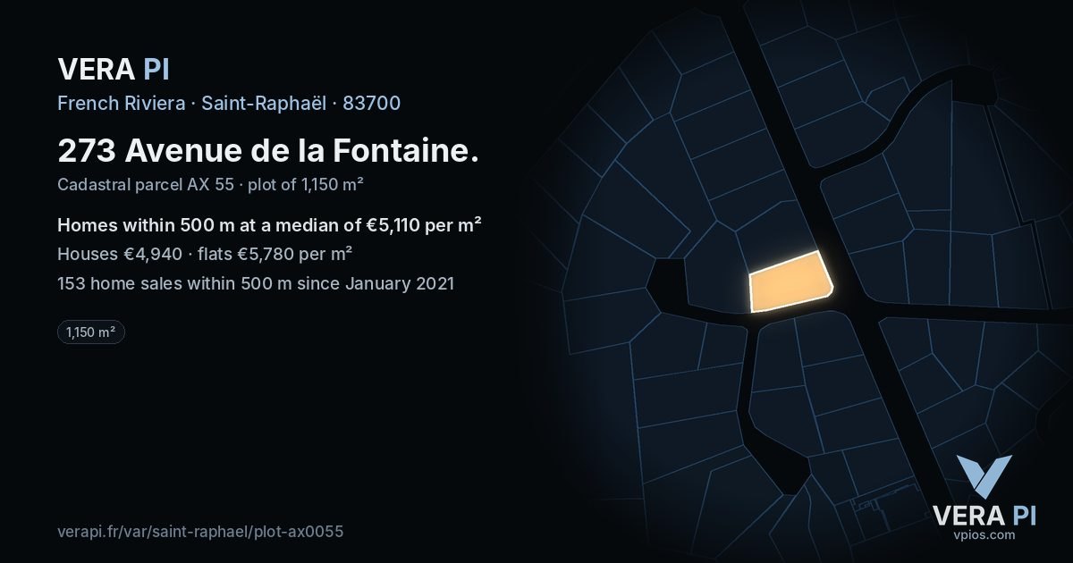 273 Avenue de la Fontaine, Saint-Raphaël at night – the plot lit, the parcels around coloured by the prices near them