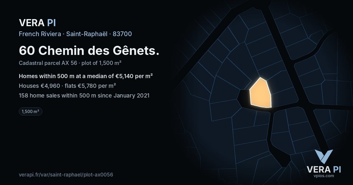 60 Chemin des Gênets, Saint-Raphaël at night – the plot lit, the parcels around coloured by the prices near them
