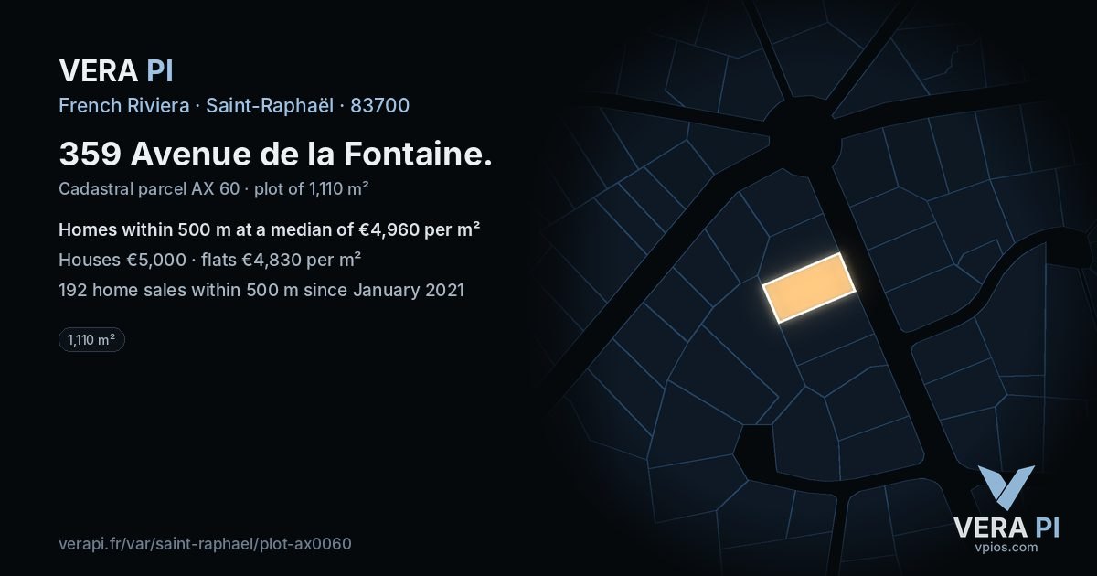 359 Avenue de la Fontaine, Saint-Raphaël at night – the plot lit, the parcels around coloured by the prices near them
