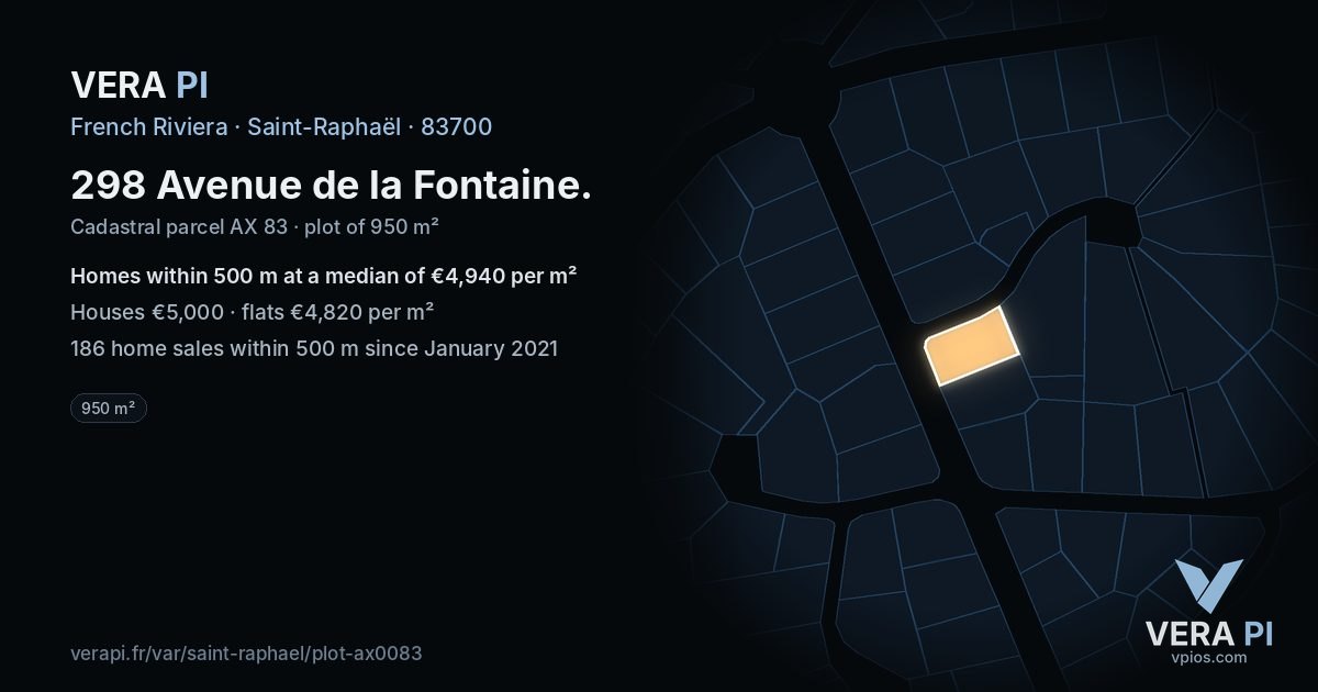 298 Avenue de la Fontaine, Saint-Raphaël at night – the plot lit, the parcels around coloured by the prices near them