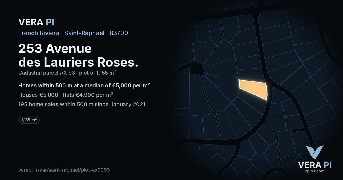253 Avenue des Lauriers Roses, Saint-Raphaël at night – the plot lit, the parcels around coloured by the prices near them