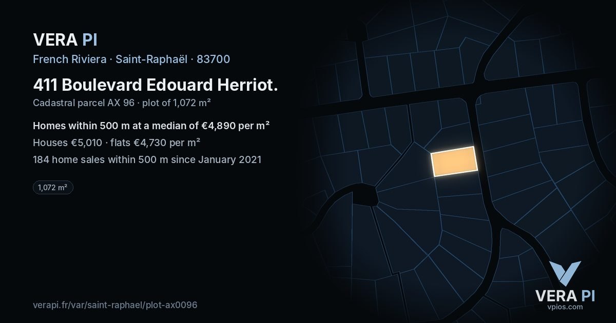 411 Boulevard Edouard Herriot, Saint-Raphaël at night – the plot lit, the parcels around coloured by the prices near them