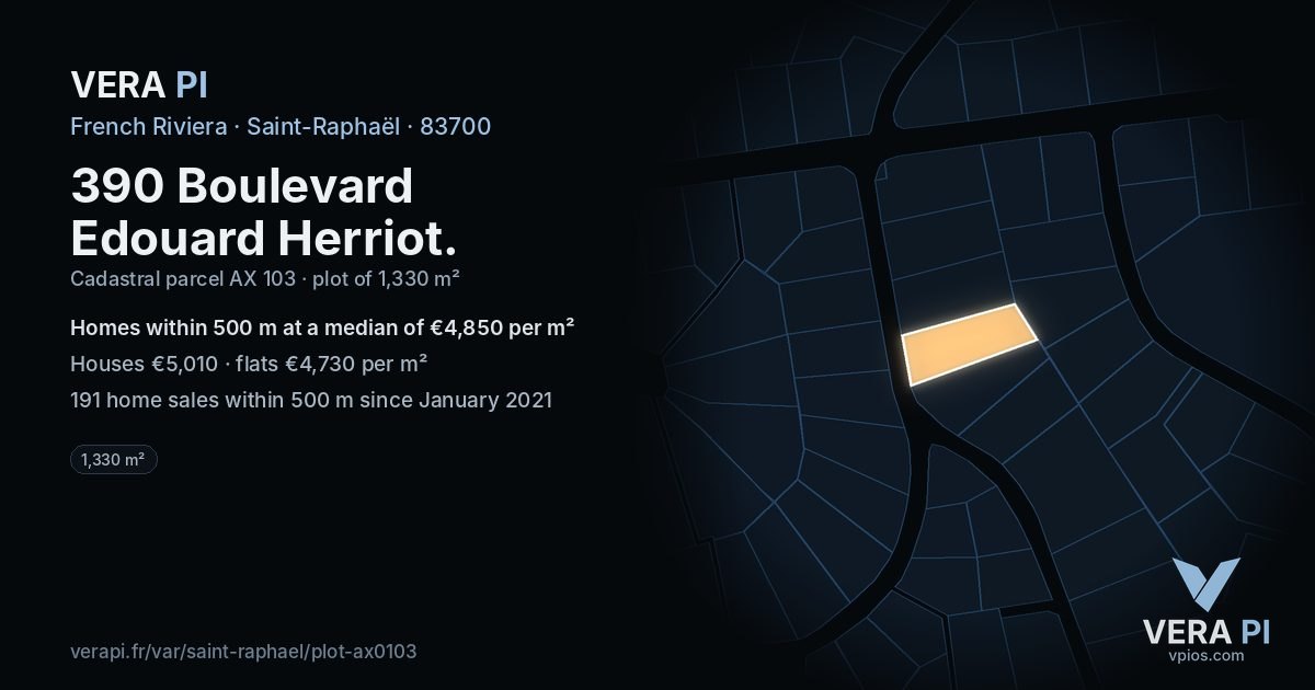390 Boulevard Edouard Herriot, Saint-Raphaël at night – the plot lit, the parcels around coloured by the prices near them