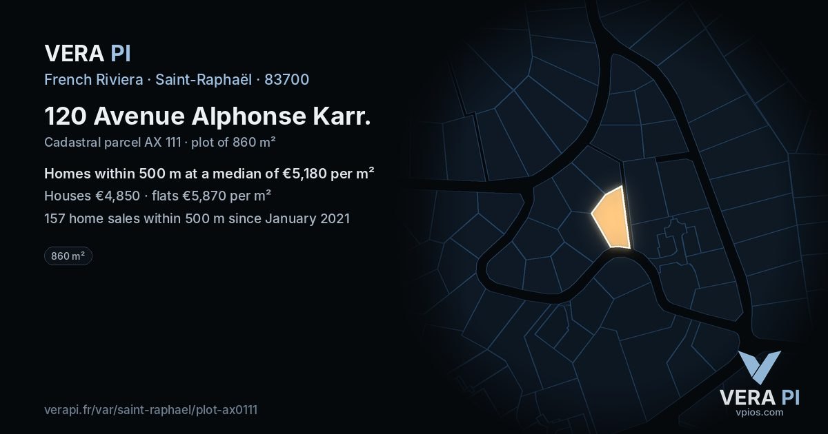 120 Avenue Alphonse Karr, Saint-Raphaël at night – the plot lit, the parcels around coloured by the prices near them
