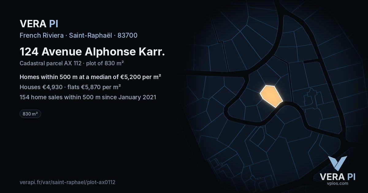 124 Avenue Alphonse Karr, Saint-Raphaël at night – the plot lit, the parcels around coloured by the prices near them