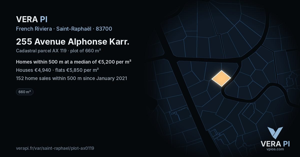 255 Avenue Alphonse Karr, Saint-Raphaël at night – the plot lit, the parcels around coloured by the prices near them