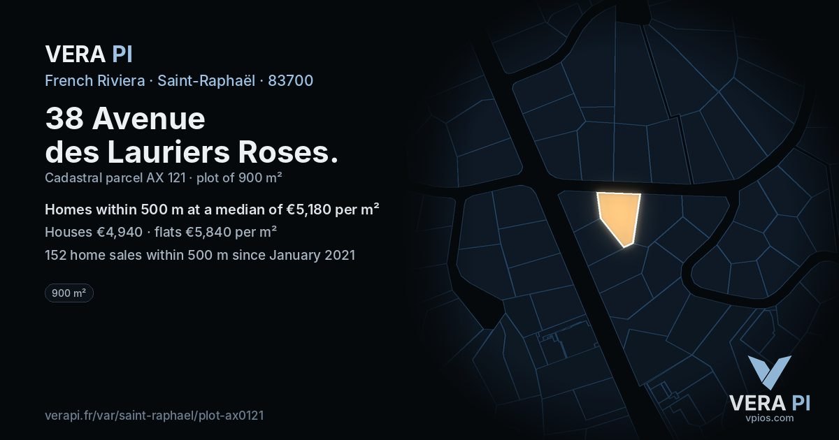 38 Avenue des Lauriers Roses, Saint-Raphaël at night – the plot lit, the parcels around coloured by the prices near them
