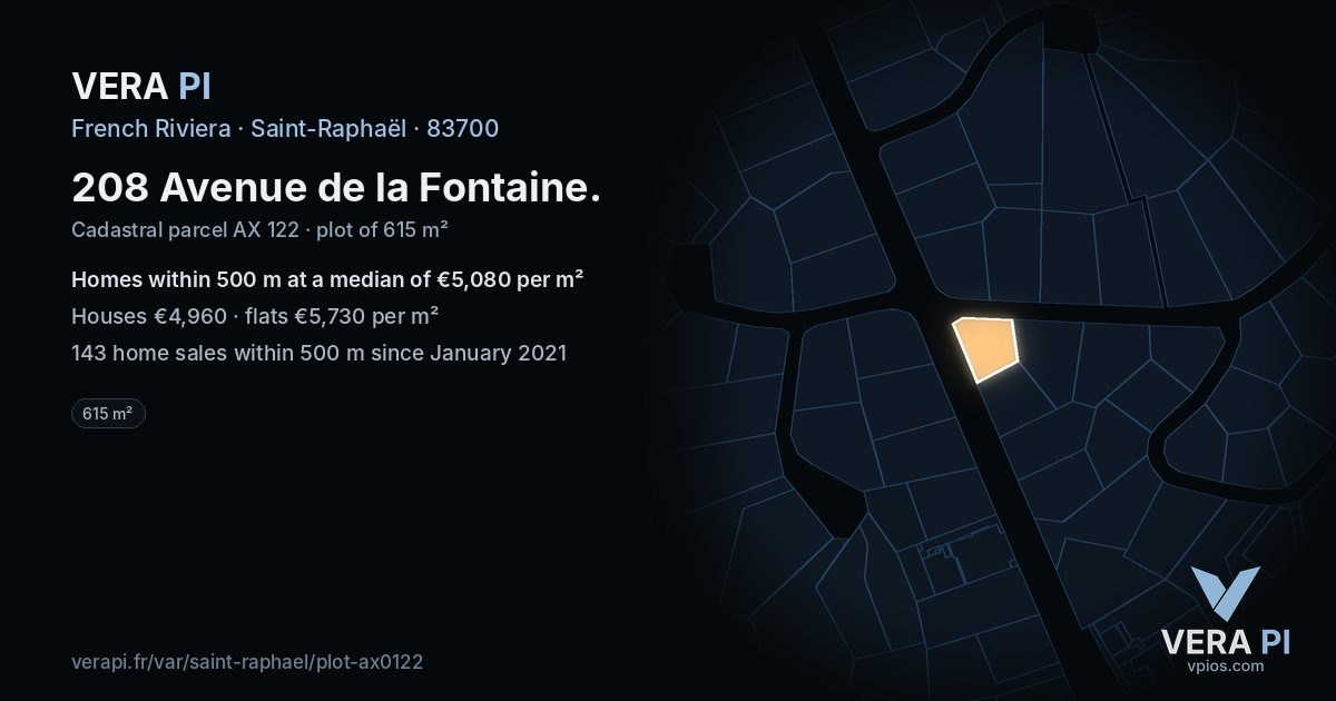 208 Avenue de la Fontaine, Saint-Raphaël at night – the plot lit, the parcels around coloured by the prices near them