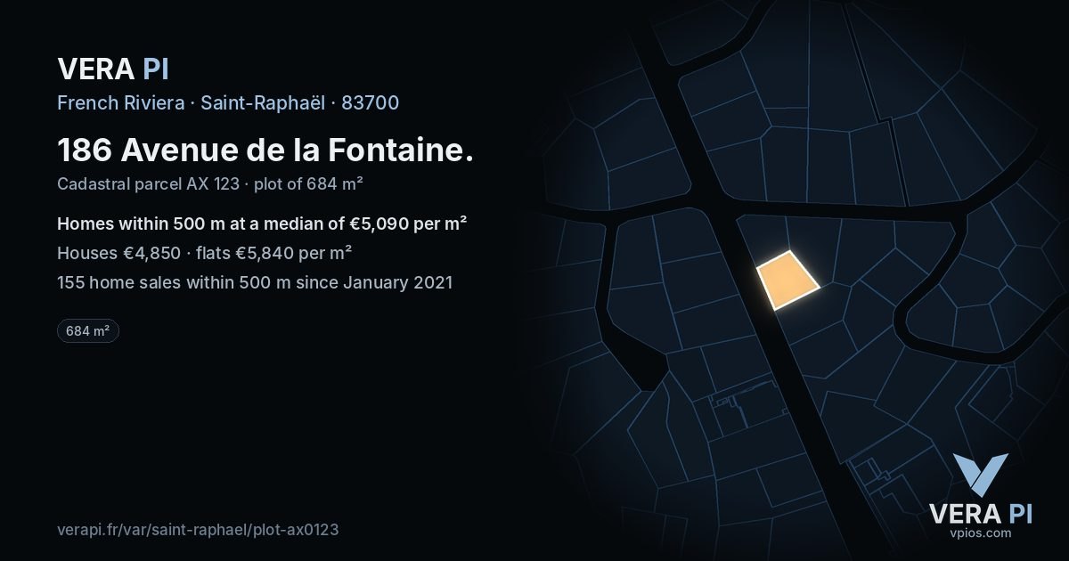 186 Avenue de la Fontaine, Saint-Raphaël at night – the plot lit, the parcels around coloured by the prices near them