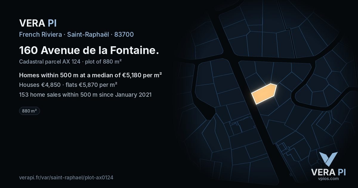 160 Avenue de la Fontaine, Saint-Raphaël at night – the plot lit, the parcels around coloured by the prices near them