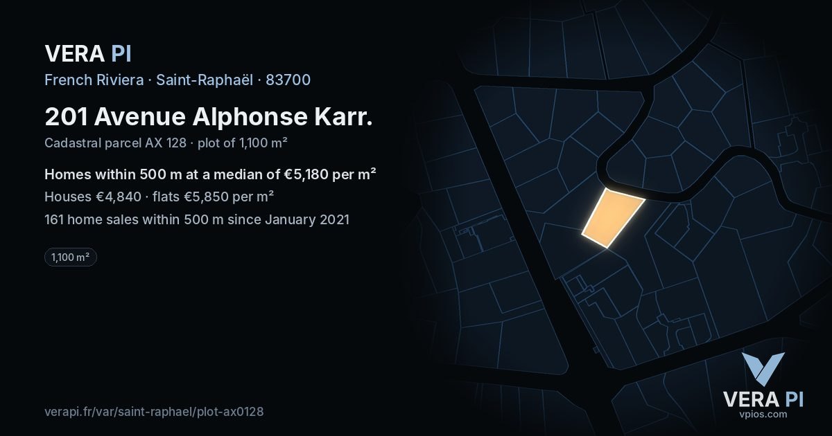 201 Avenue Alphonse Karr, Saint-Raphaël at night – the plot lit, the parcels around coloured by the prices near them