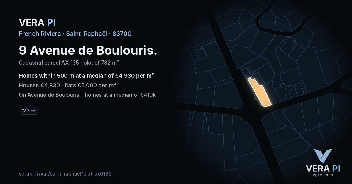 9 Avenue de Boulouris, Saint-Raphaël at night – the plot lit, the parcels around coloured by the prices near them