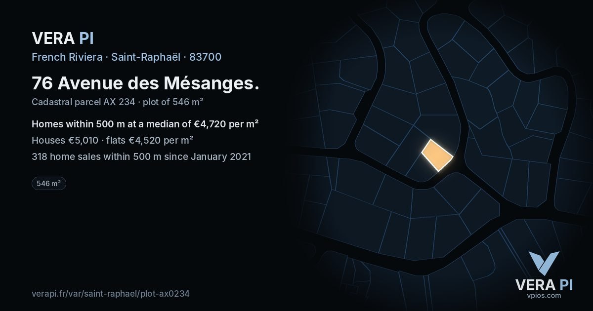 76 Avenue des Mésanges, Saint-Raphaël at night – the plot lit, the parcels around coloured by the prices near them