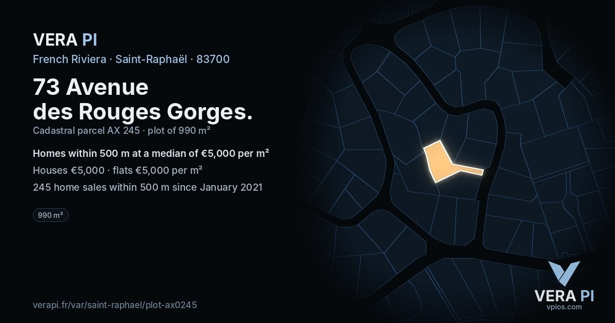 73 Avenue des Rouges Gorges, Saint-Raphaël at night – the plot lit, the parcels around coloured by the prices near them