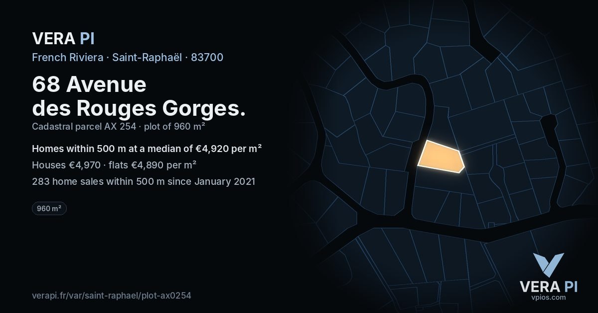 68 Avenue des Rouges Gorges, Saint-Raphaël at night – the plot lit, the parcels around coloured by the prices near them