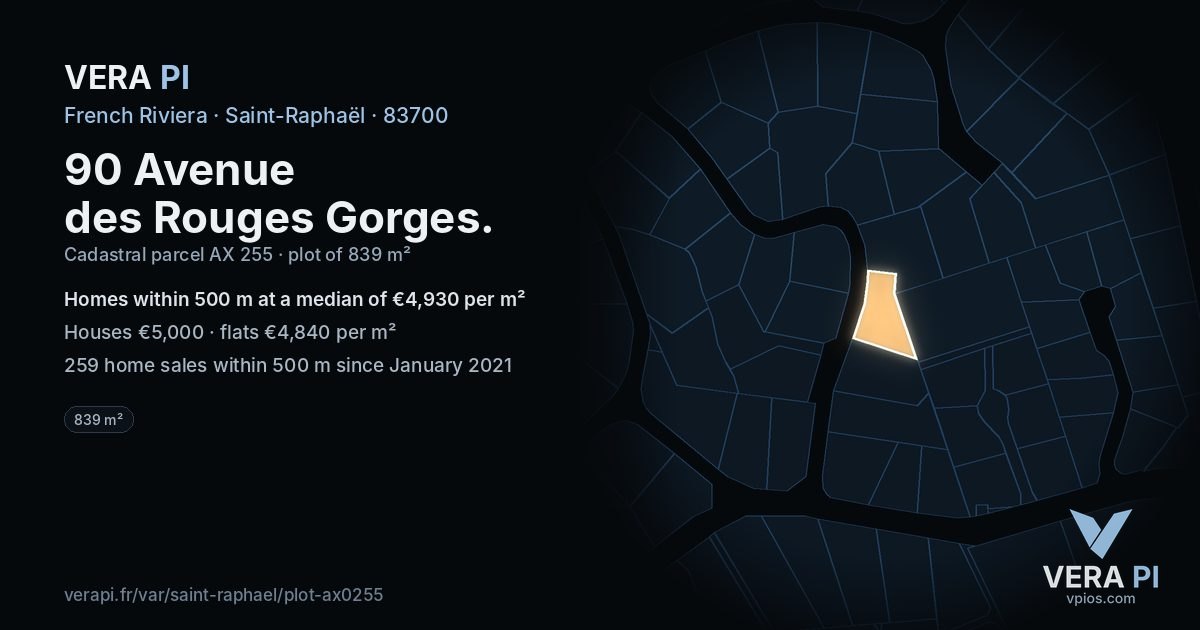 90 Avenue des Rouges Gorges, Saint-Raphaël at night – the plot lit, the parcels around coloured by the prices near them