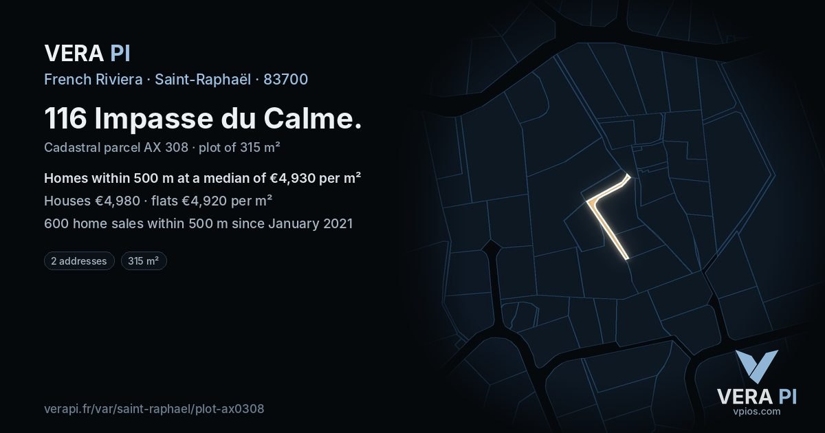 116 Impasse du Calme, Saint-Raphaël at night – the plot lit, the parcels around coloured by the prices near them