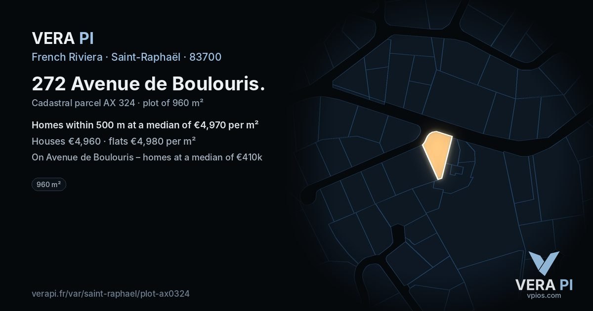 272 Avenue de Boulouris, Saint-Raphaël at night – the plot lit, the parcels around coloured by the prices near them