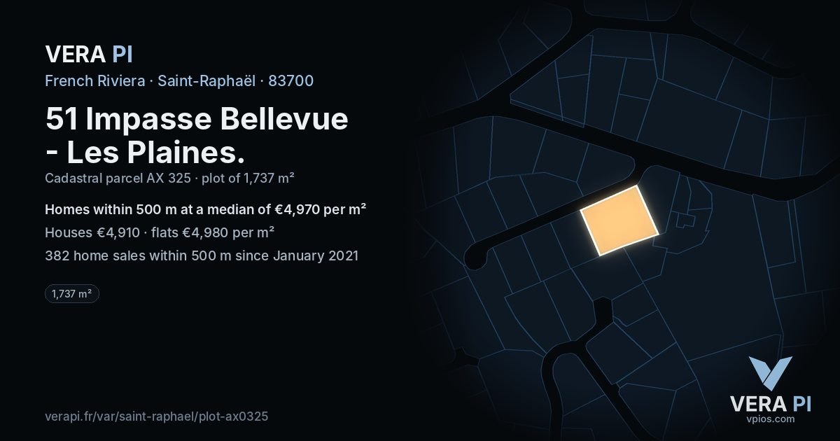 51 Impasse Bellevue - Les Plaines, Saint-Raphaël at night – the plot lit, the parcels around coloured by the prices near them