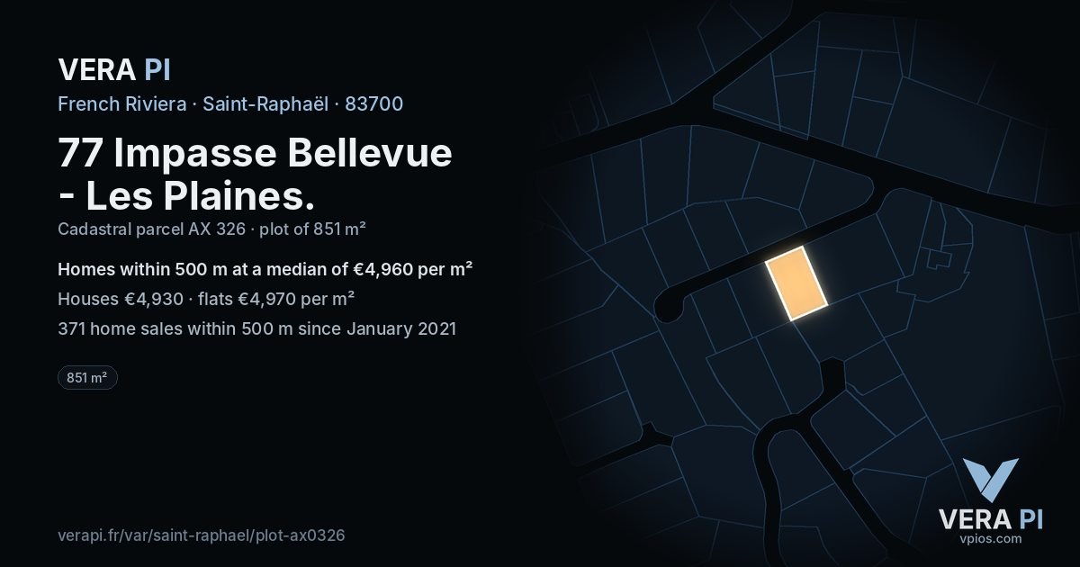 77 Impasse Bellevue - Les Plaines, Saint-Raphaël at night – the plot lit, the parcels around coloured by the prices near them