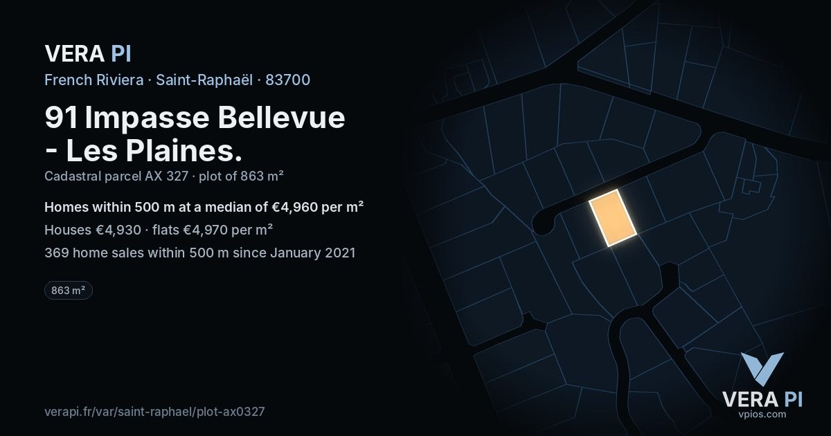 91 Impasse Bellevue - Les Plaines, Saint-Raphaël at night – the plot lit, the parcels around coloured by the prices near them