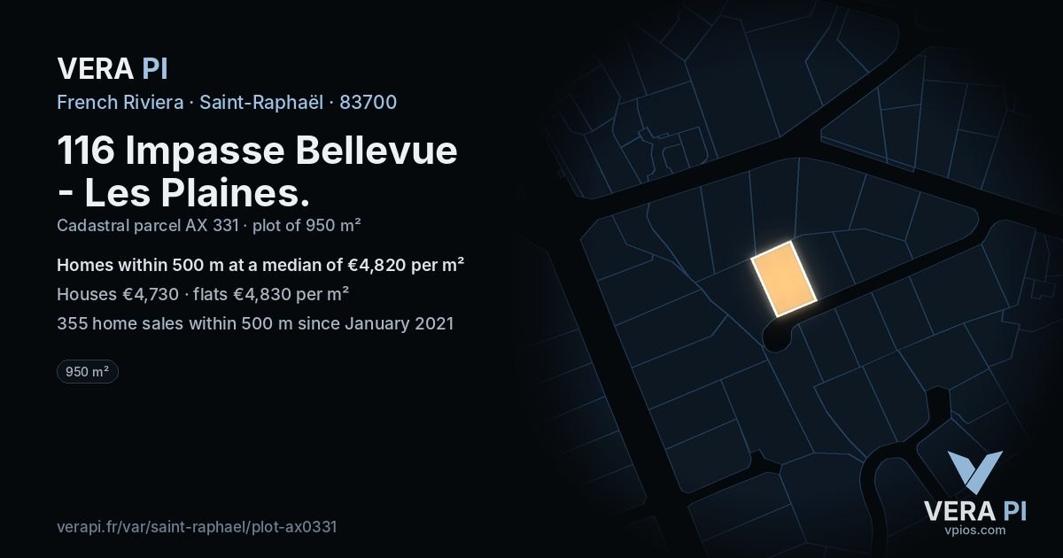 116 Impasse Bellevue - Les Plaines, Saint-Raphaël at night – the plot lit, the parcels around coloured by the prices near them