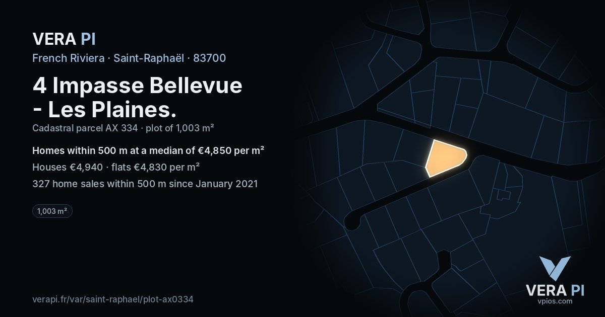 4 Impasse Bellevue - Les Plaines, Saint-Raphaël at night – the plot lit, the parcels around coloured by the prices near them