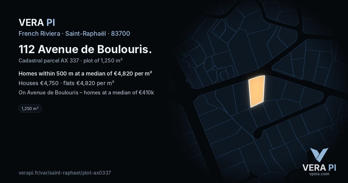 112 Avenue de Boulouris, Saint-Raphaël at night – the plot lit, the parcels around coloured by the prices near them