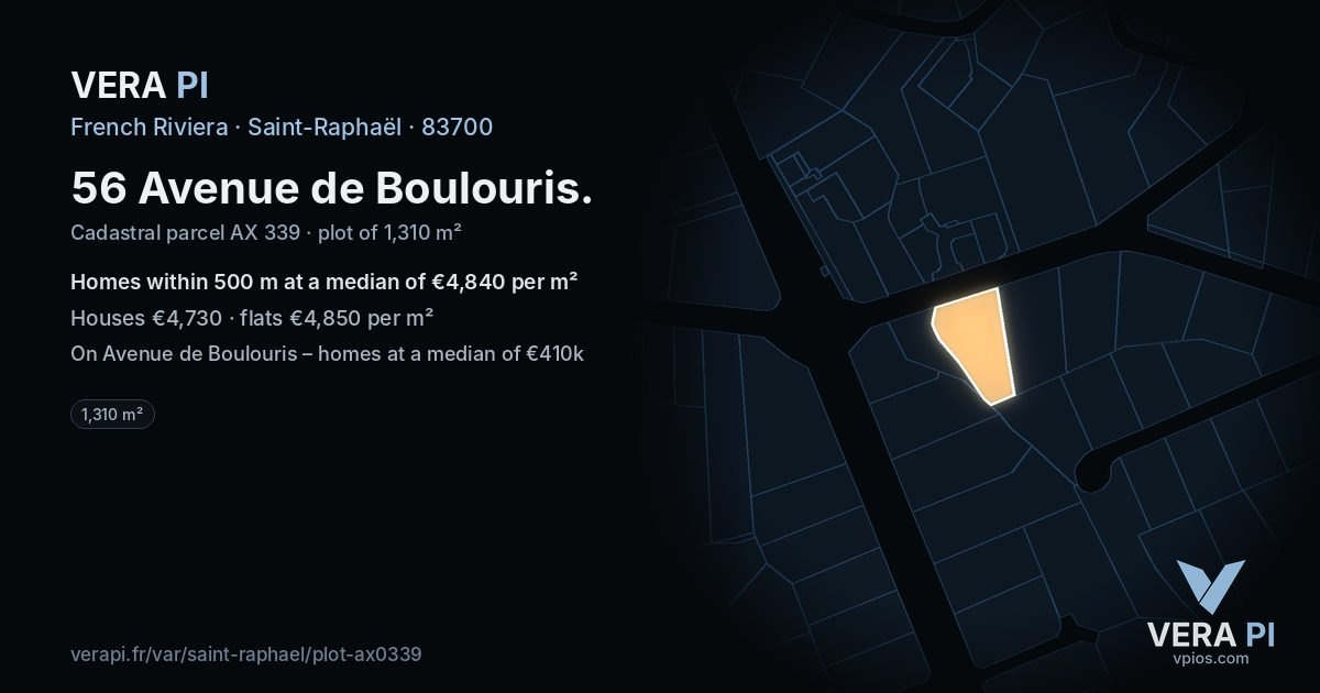 56 Avenue de Boulouris, Saint-Raphaël at night – the plot lit, the parcels around coloured by the prices near them
