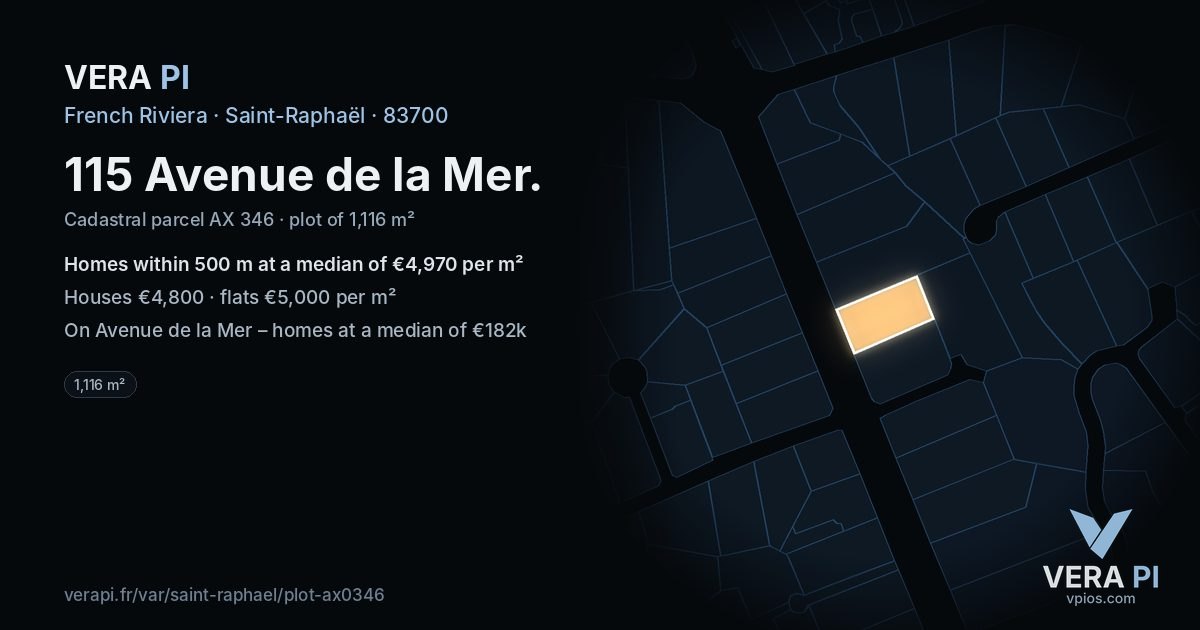115 Avenue de la Mer, Saint-Raphaël at night – the plot lit, the parcels around coloured by the prices near them