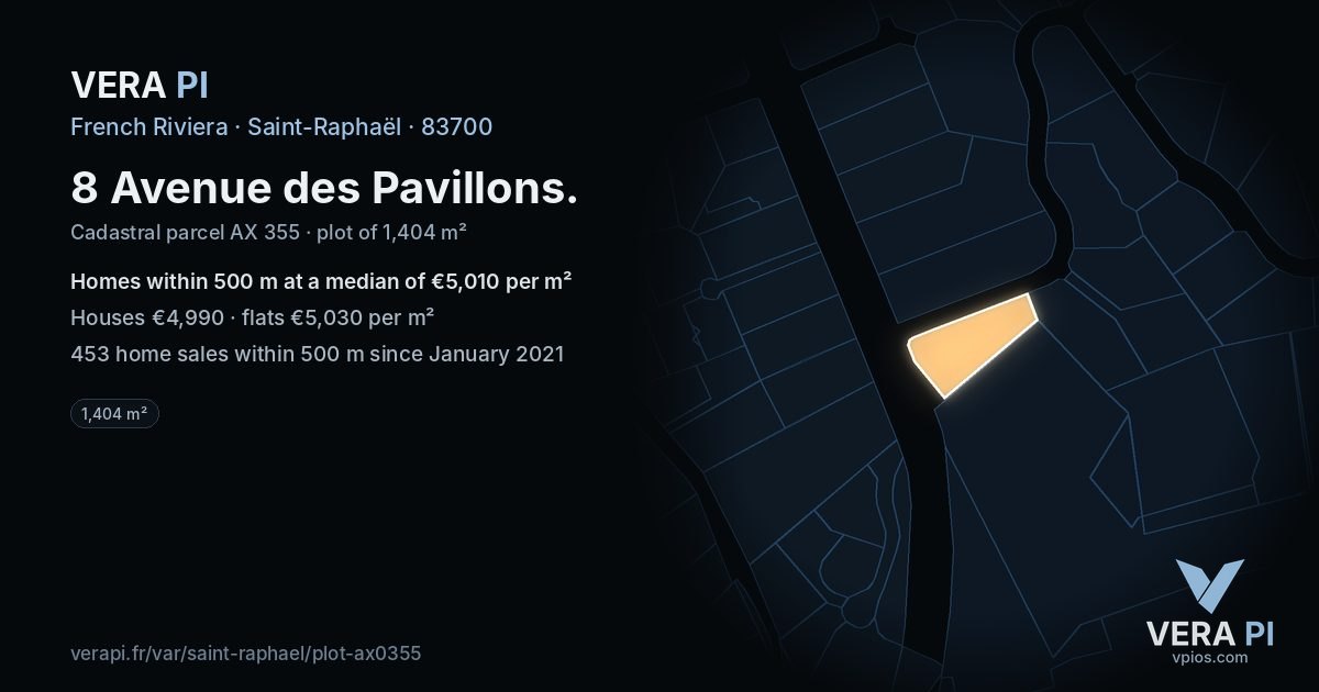8 Avenue des Pavillons, Saint-Raphaël at night – the plot lit, the parcels around coloured by the prices near them