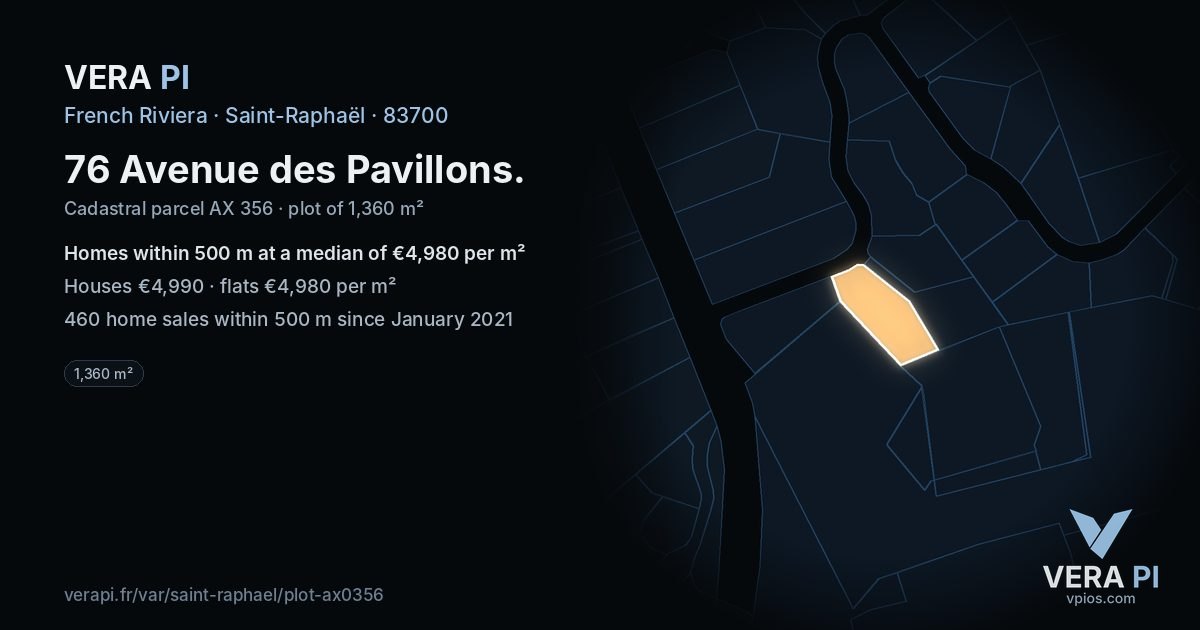 76 Avenue des Pavillons, Saint-Raphaël at night – the plot lit, the parcels around coloured by the prices near them