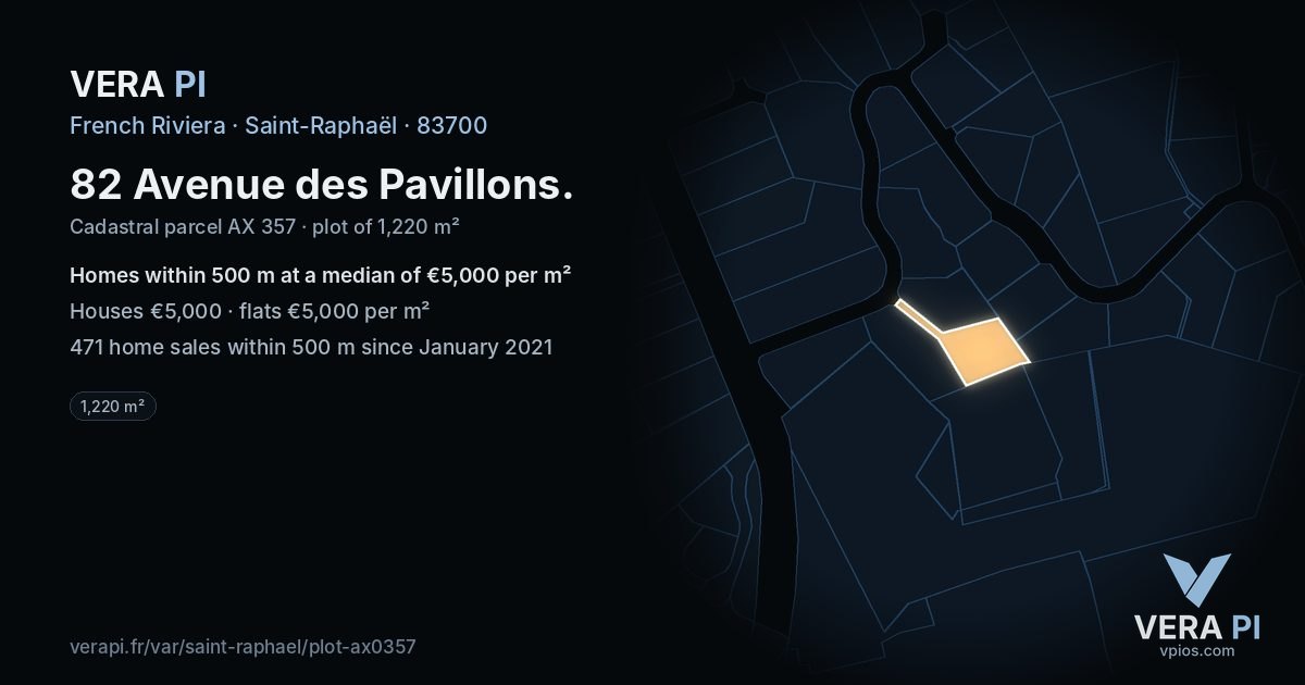 82 Avenue des Pavillons, Saint-Raphaël at night – the plot lit, the parcels around coloured by the prices near them