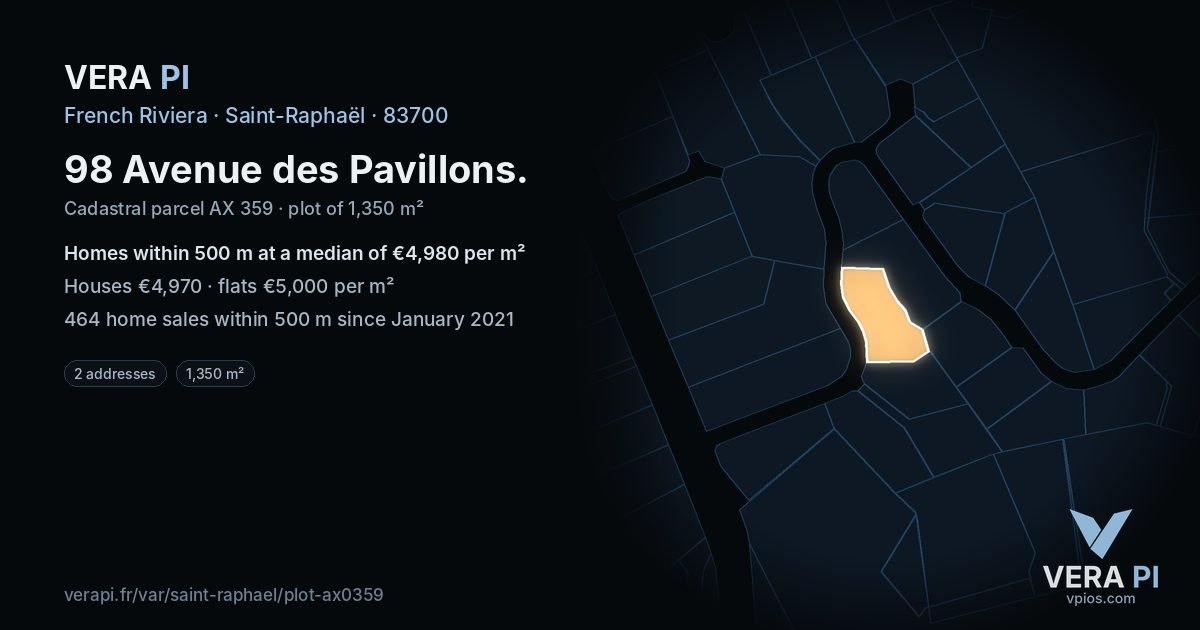98 Avenue des Pavillons, Saint-Raphaël at night – the plot lit, the parcels around coloured by the prices near them