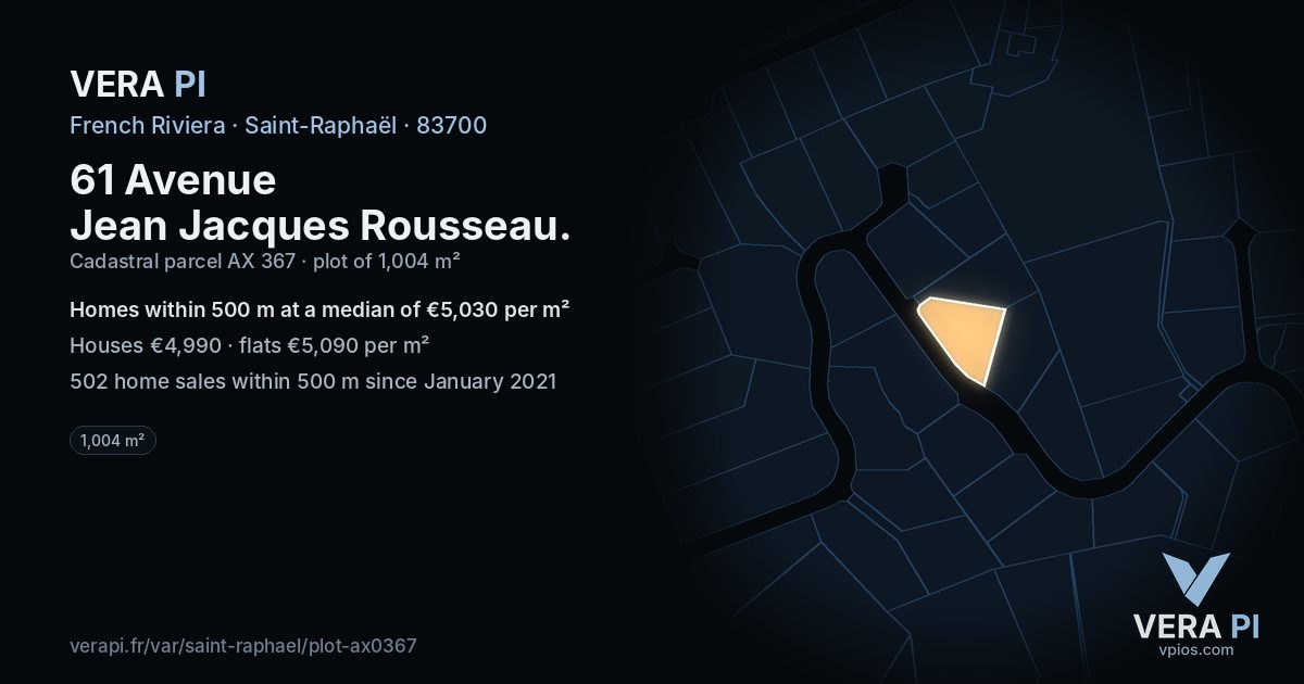 61 Avenue Jean Jacques Rousseau, Saint-Raphaël at night – the plot lit, the parcels around coloured by the prices near them