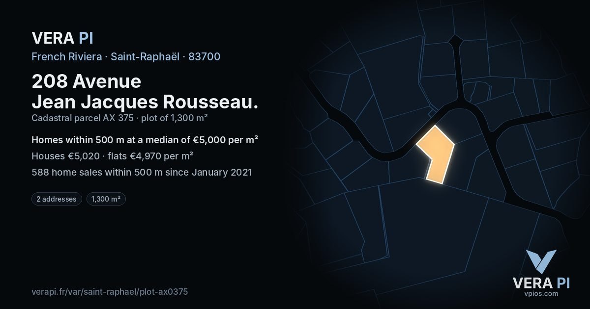 208 Avenue Jean Jacques Rousseau, Saint-Raphaël at night – the plot lit, the parcels around coloured by the prices near them