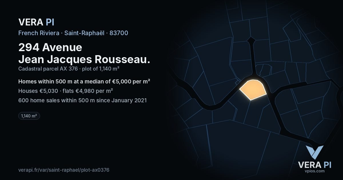 294 Avenue Jean Jacques Rousseau, Saint-Raphaël at night – the plot lit, the parcels around coloured by the prices near them