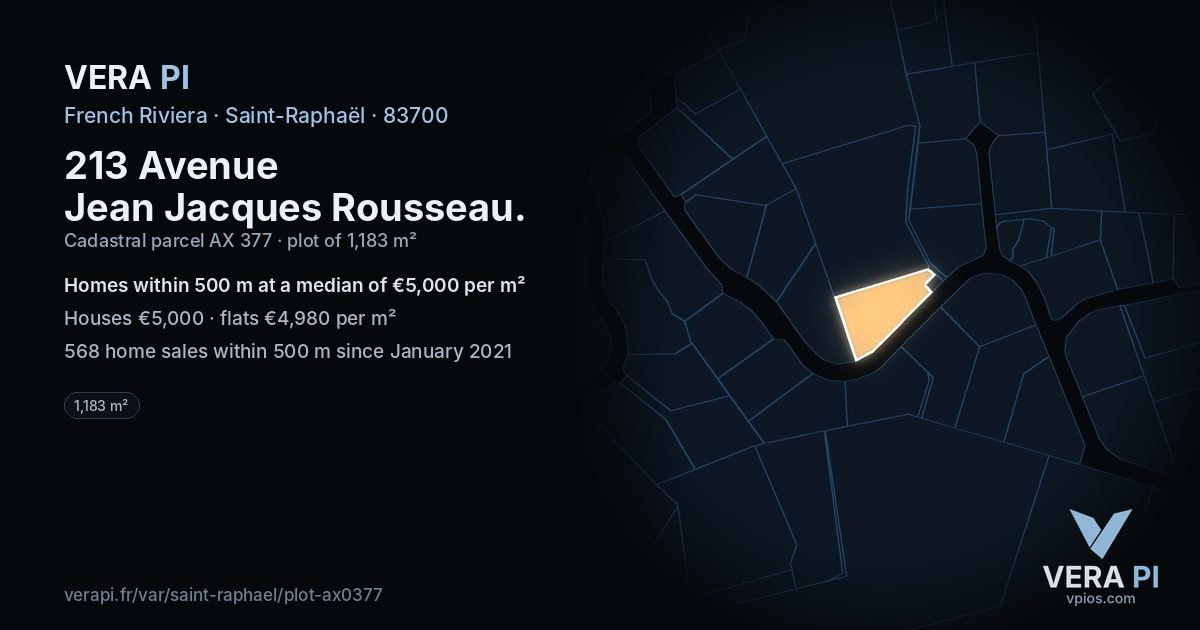 213 Avenue Jean Jacques Rousseau, Saint-Raphaël at night – the plot lit, the parcels around coloured by the prices near them