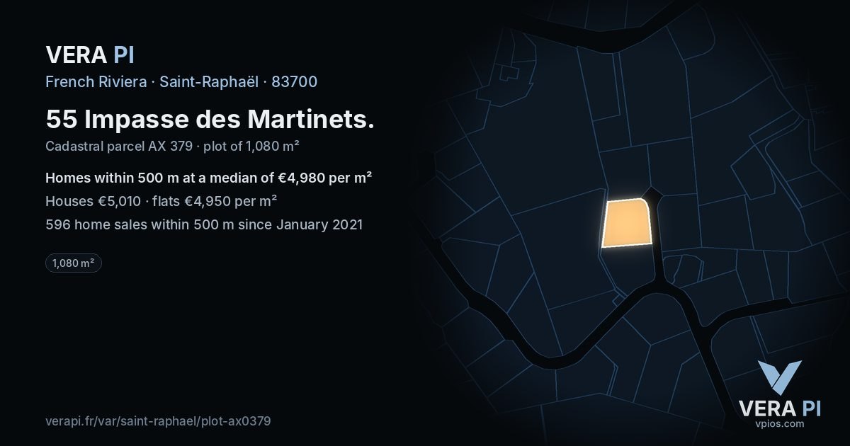 55 Impasse des Martinets, Saint-Raphaël at night – the plot lit, the parcels around coloured by the prices near them