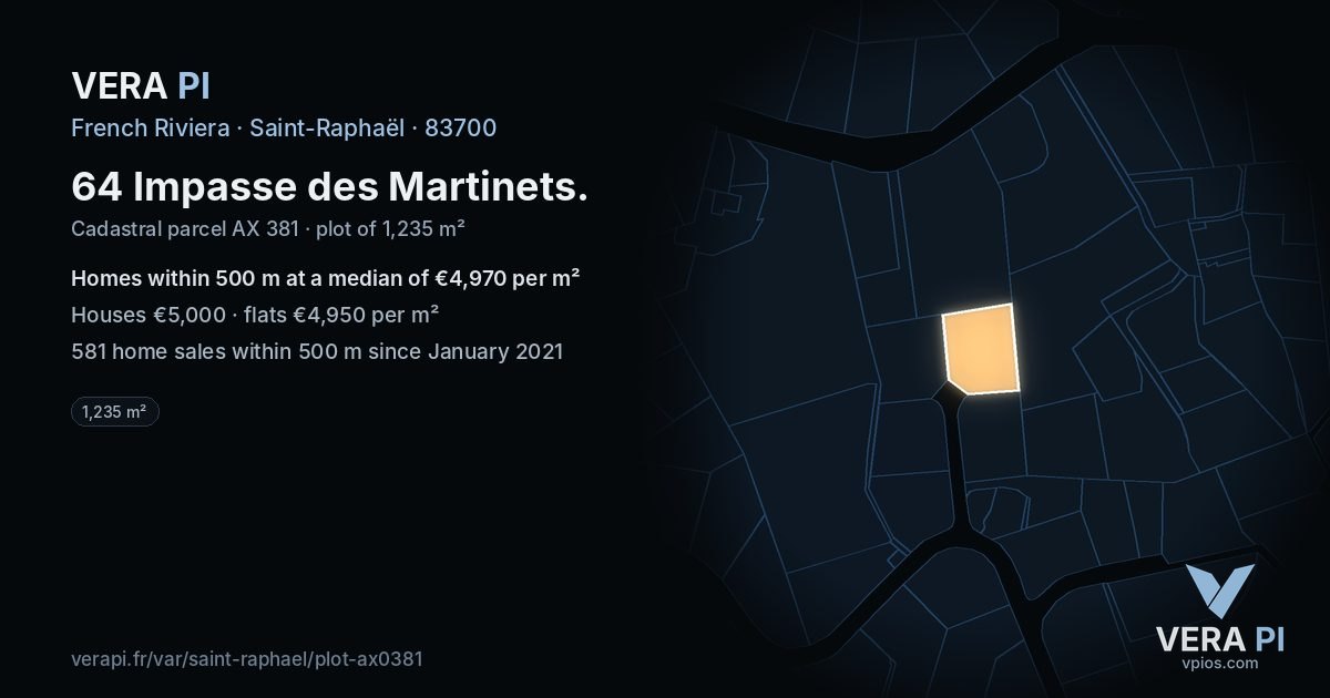 64 Impasse des Martinets, Saint-Raphaël at night – the plot lit, the parcels around coloured by the prices near them