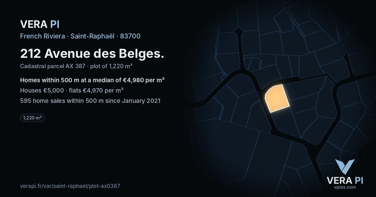 212 Avenue des Belges, Saint-Raphaël at night – the plot lit, the parcels around coloured by the prices near them