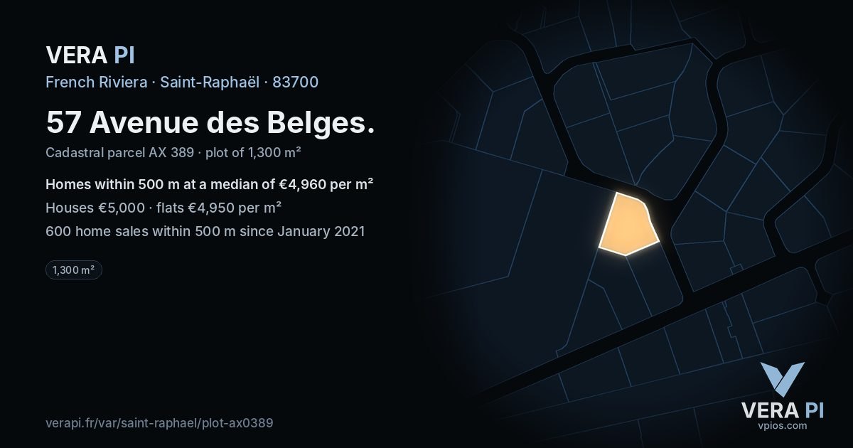 57 Avenue des Belges, Saint-Raphaël at night – the plot lit, the parcels around coloured by the prices near them