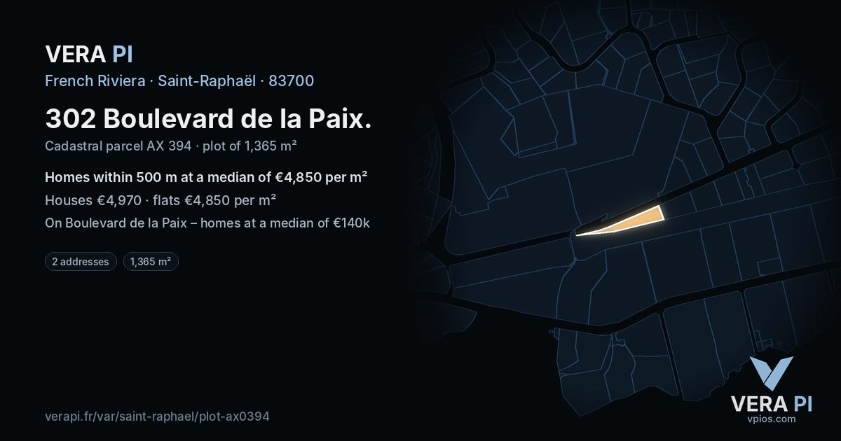 302 Boulevard de la Paix, Saint-Raphaël at night – the plot lit, the parcels around coloured by the prices near them