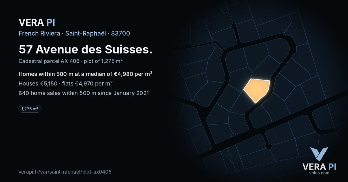 57 Avenue des Suisses, Saint-Raphaël at night – the plot lit, the parcels around coloured by the prices near them