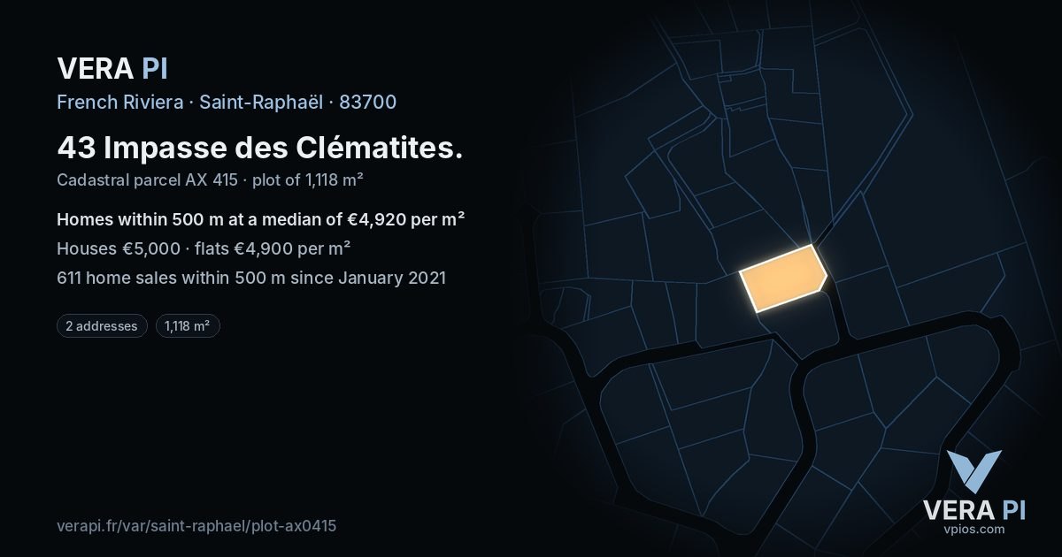 43 Impasse des Clématites, Saint-Raphaël at night – the plot lit, the parcels around coloured by the prices near them