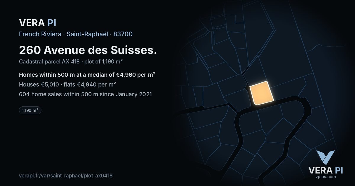 260 Avenue des Suisses, Saint-Raphaël at night – the plot lit, the parcels around coloured by the prices near them