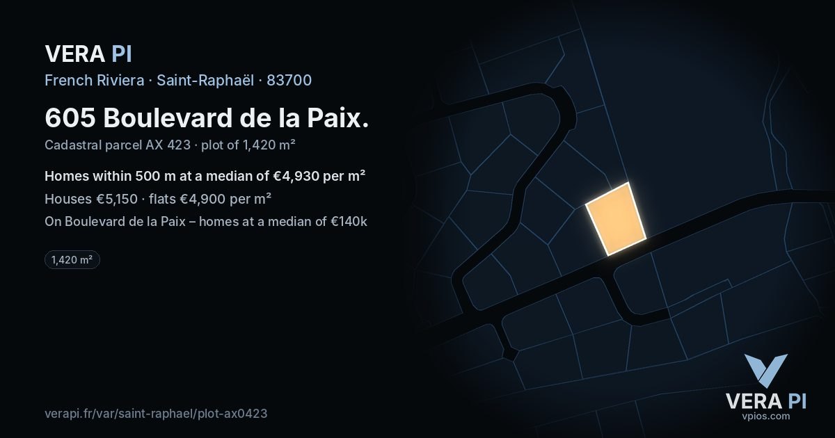 605 Boulevard de la Paix, Saint-Raphaël at night – the plot lit, the parcels around coloured by the prices near them
