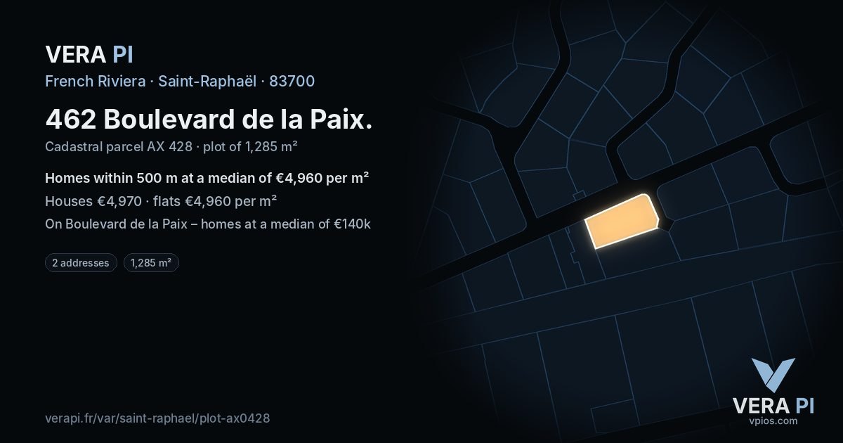 462 Boulevard de la Paix, Saint-Raphaël at night – the plot lit, the parcels around coloured by the prices near them