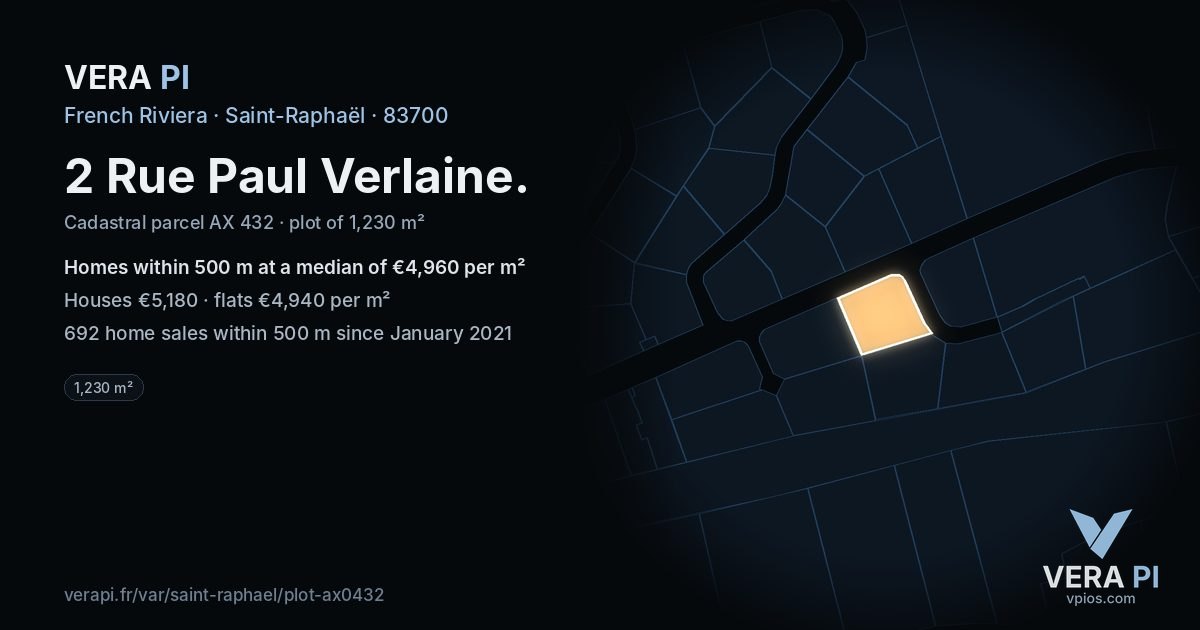 2 Rue Paul Verlaine, Saint-Raphaël at night – the plot lit, the parcels around coloured by the prices near them